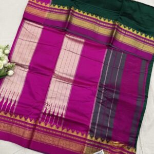 Kalasrishti Green Hot Pink Zari Temple Border Ilkal Pure Silk Saree